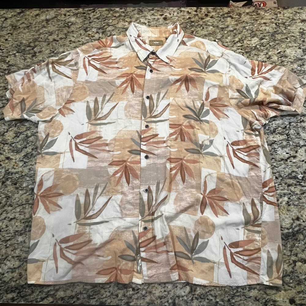 Natural Issue Mens XXL Tan Tropical Leaf Viscose Rayon Short Sleeve Button Shirt